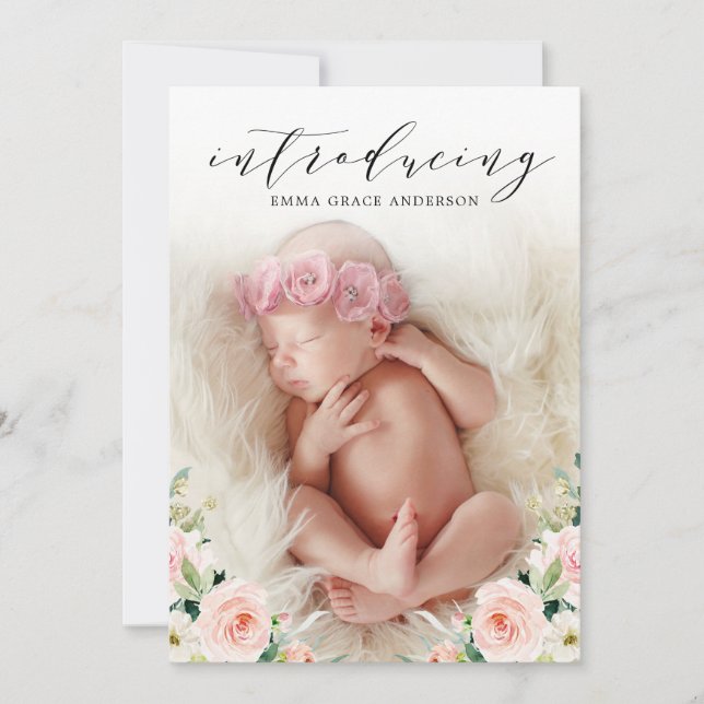 Floral Introducing Baby Girl Birth Announcements (Front)
