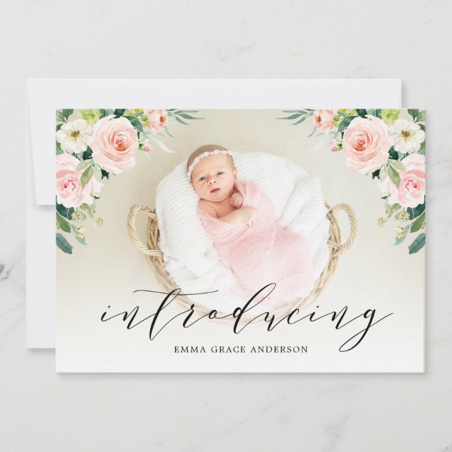 Floral Introducing Baby Girl Birth Announcements (Front)