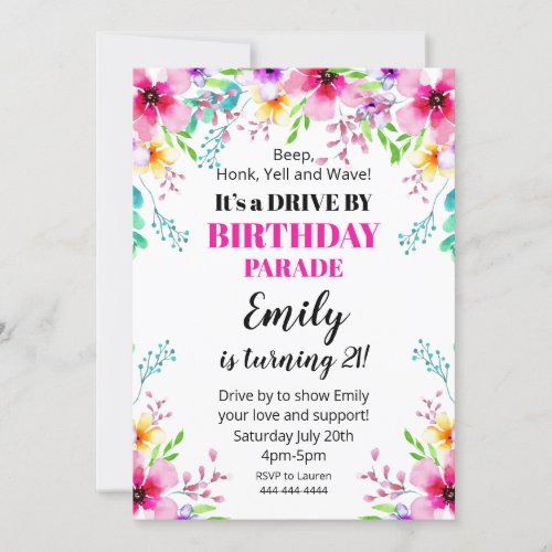 Floral Invitation Birthday Drive By Parade Invitat