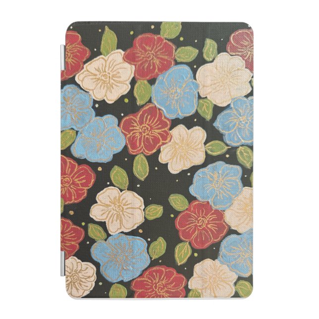Floral iPad case with blues, pinks, green and gold (Front)