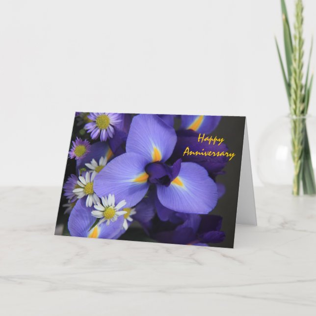 Floral, Iris and Mini Daisy, Happy Anniversary Card (Front)