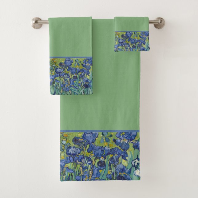 Floral Iris Border on Sage Green Background Bath Towel Set (Insitu)