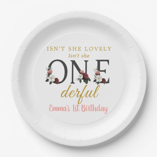 Floral Isn't She Lovely Onederful 1st Birthday Paper Plates (Front)
