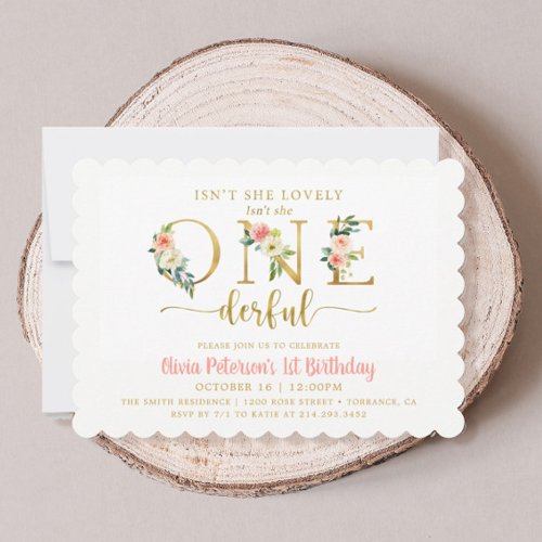 Floral Isnt She Onederful Girl 1st Birthday Invitation