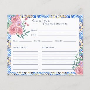 Floral Italian Blue Tile Bridal Shower Recipe Card
