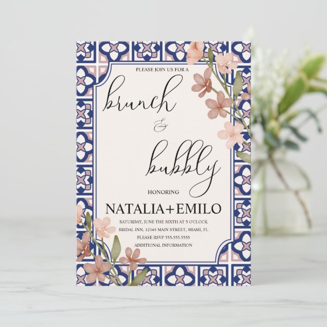 Floral Italy Tiles Bridal Shower Brunch Invitation (Standing Front)