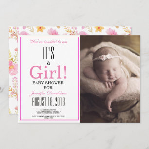 Floral It's a Girl! Pink Photo Baby Shower Invitation