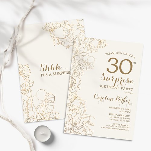 Floral Ivory Gold Surprise 30th Birthday Party Invitation