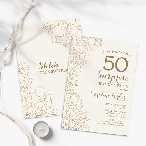 Floral Ivory Gold Surprise 50th Birthday Party Invitation