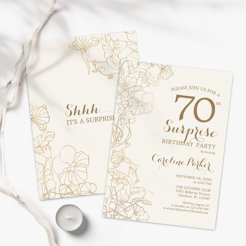 Floral Ivory Gold Surprise 70th Birthday Party Invitation