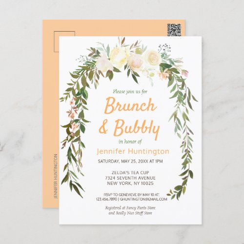 Floral Ivory Peach Brunch  Bubbly Bridal Shower Postcard