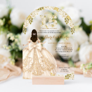 Floral Ivory Princess Coquette Quinceanera Arch Acrylic Invitations
