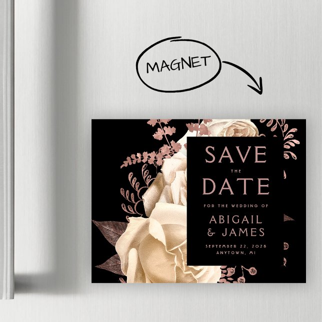 Floral Ivory Rose Gold Dark Magnetic Save the Date (Creator Uploaded)