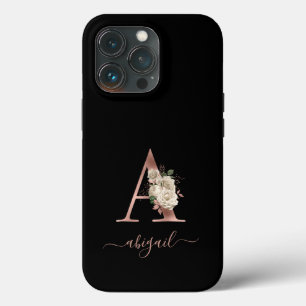Floral Ivory Rose Gold Monogram Letter "A" Black iPhone 13 Pro Case