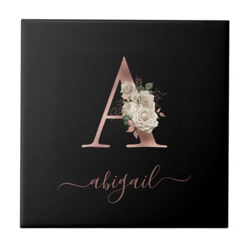 Floral Ivory Rose Gold Monogram Letter A Black Ceramic Tile