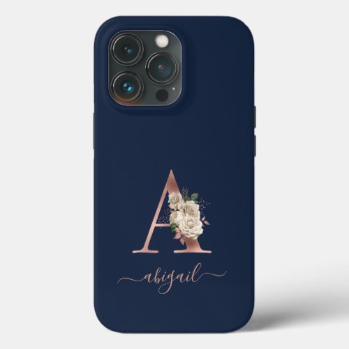 Floral Ivory Rose Gold Monogram Letter A Blue iPhone 13 Pro Case