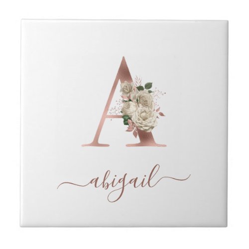 Floral Ivory Rose Gold Monogram Letter A Ceramic Tile