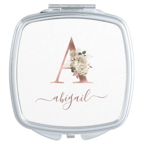 Floral Ivory Rose Gold Monogram Letter A Compact Mirror