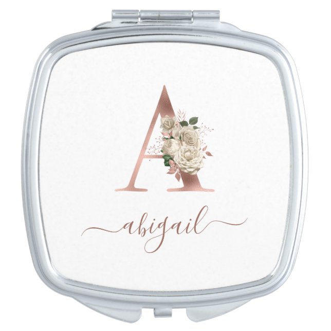 Floral Ivory Rose Gold Monogram Letter "A" Compact Mirror (Front)