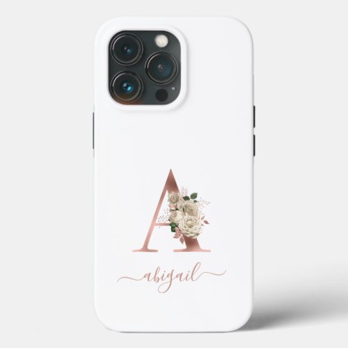 Floral Ivory Rose Gold Monogram Letter A White iPhone 13 Pro Case