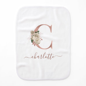 Floral Ivory Rose Gold Monogram Letter "C" 2-Sided Baby Burp Cloth