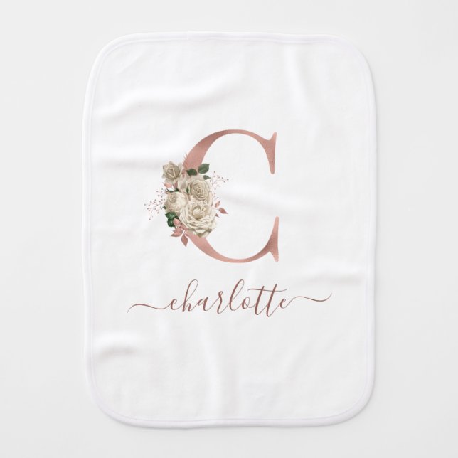 Floral Ivory Rose Gold Monogram Letter "C" 2-Sided Baby Burp Cloth (Front)