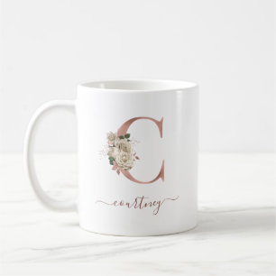 Floral Ivory Rose Gold Monogram Letter "C" Coffee Mug