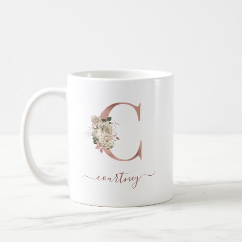 Floral Ivory Rose Gold Monogram Letter C Coffee Mug