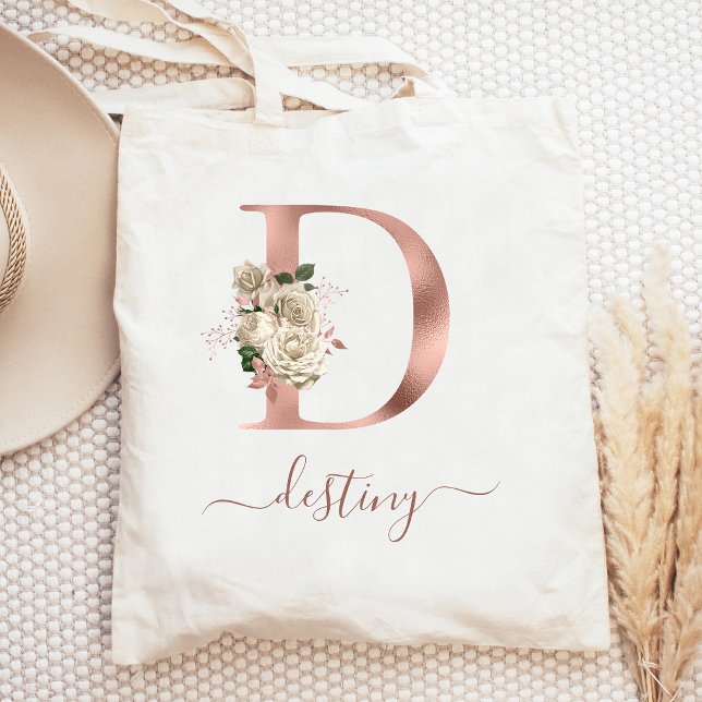 Floral Ivory Rose Gold Monogram Letter D Tote Bag (Creator Uploaded)