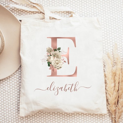 Floral Ivory Rose Gold Monogram Letter E Tote Bag