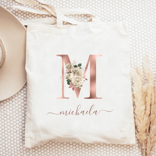 Floral Ivory Rose Gold Monogram Letter M Tote Bag