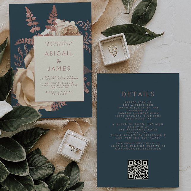 Floral Ivory Rose Gold Teal QR Code Wedding Invitation (Creator Uploaded)