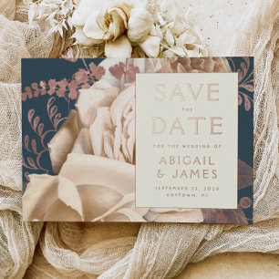 Floral Ivory Rose Gold Teal Wedding Save the Date Foil Invitation