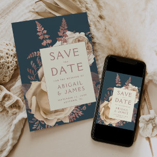 Floral Ivory Rose Gold Teal Wedding Save the Date Invitation