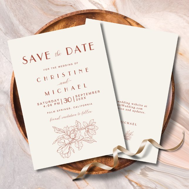 Floral Ivory Terracotta Elegant Wedding Save The Date (Floral Ivory Terracotta Elegant Wedding Save the Date Invitation with Magnolia Line Art, Website.)