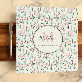 Floral Ivory White Elegant Pink Monogram 3 Ring Binder