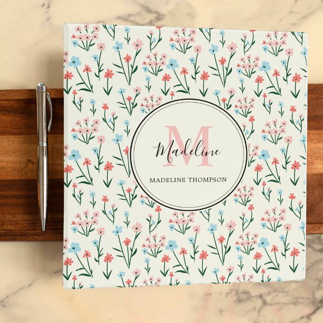 Floral Ivory White Elegant Pink Monogram 3 Ring Binder (Creator Uploaded)