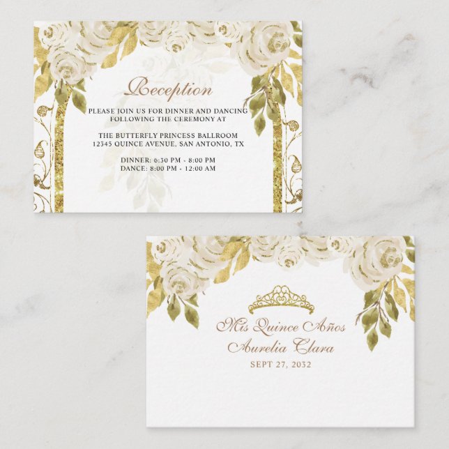 Floral Ivory White Gold Arch Quinceañera Enclosure Card (Front/Back)
