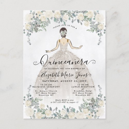Floral Ivory White Princess Birthday Quinceanera I Invitation Postcard