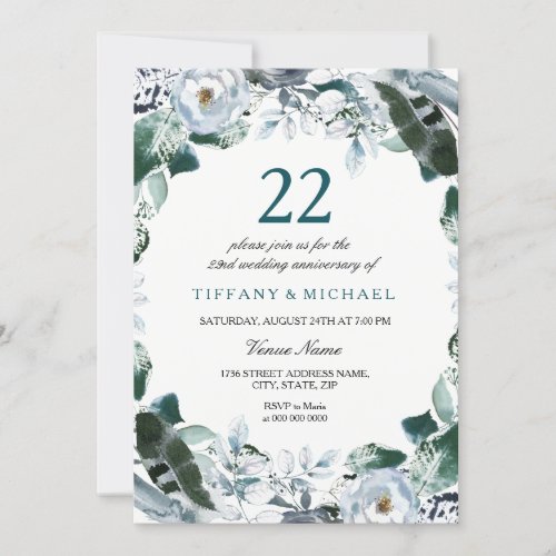 Floral Jade Green 22nd Wedding Anniversary Invite