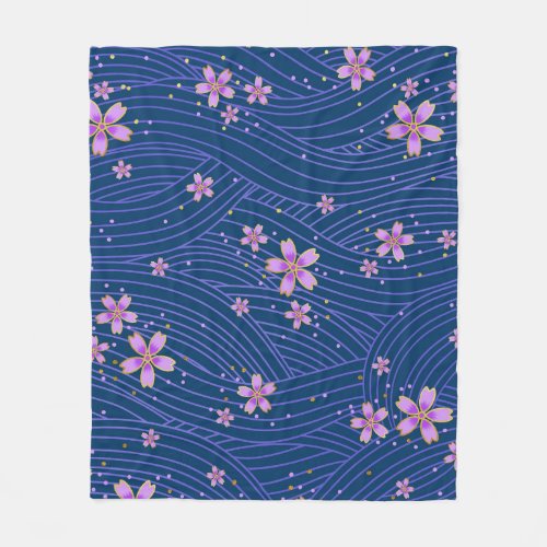 Floral Japanese Blue And Pink Sakura Petal Pattern Fleece Blanket