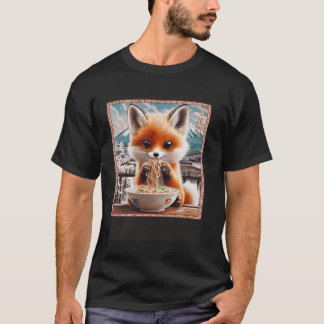 Floral Japanese Mt. Fuji Noodles Cute Fox Pup Rame T-Shirt