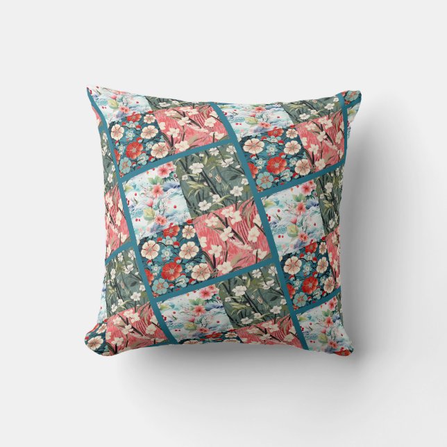 Floral Japanese Patchwork Vibrant Home Accent Throw Pillow (Front)