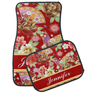 Floral Japanese print on red Car Floor Mat