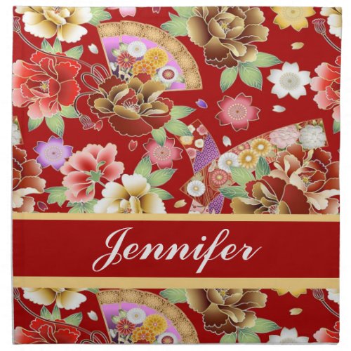 Floral Japanese print on red Cloth Napkin