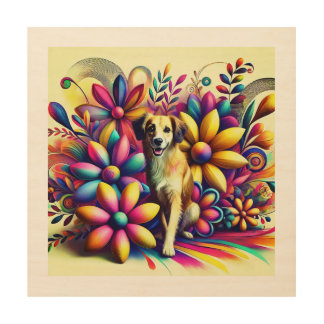 "Floral Joy: Playful Paws in a Colorful Garden" Wood Wall Art