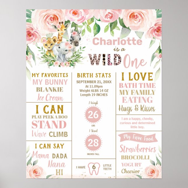 Floral Jungle 1st Birthday Milestone Birth Stats  Poster (Front)