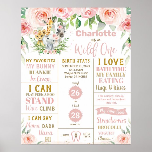Floral Jungle Animals 1st Birthday Milestone Stats Poster (Front)