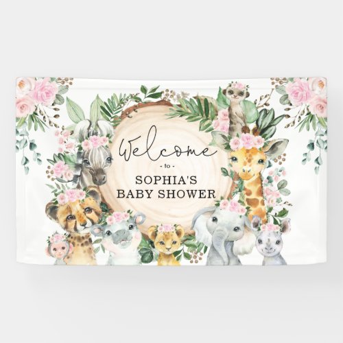 Floral Jungle Safari Animals Baby Girl Welcome Banner