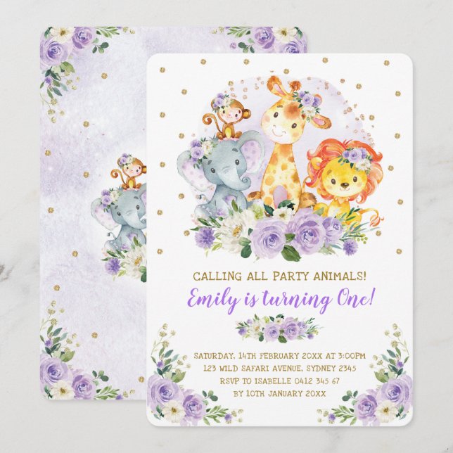 Floral Jungle Safari Wild Party Animals Birthday Invitation (Front/Back)